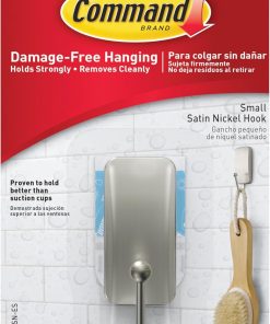 Command Small Bath Hook. Holds up to 1 lb. 1 Satin Nickel Shower Hook with 2 Water Resistant Strips. Damage-Free Bathroom Organization