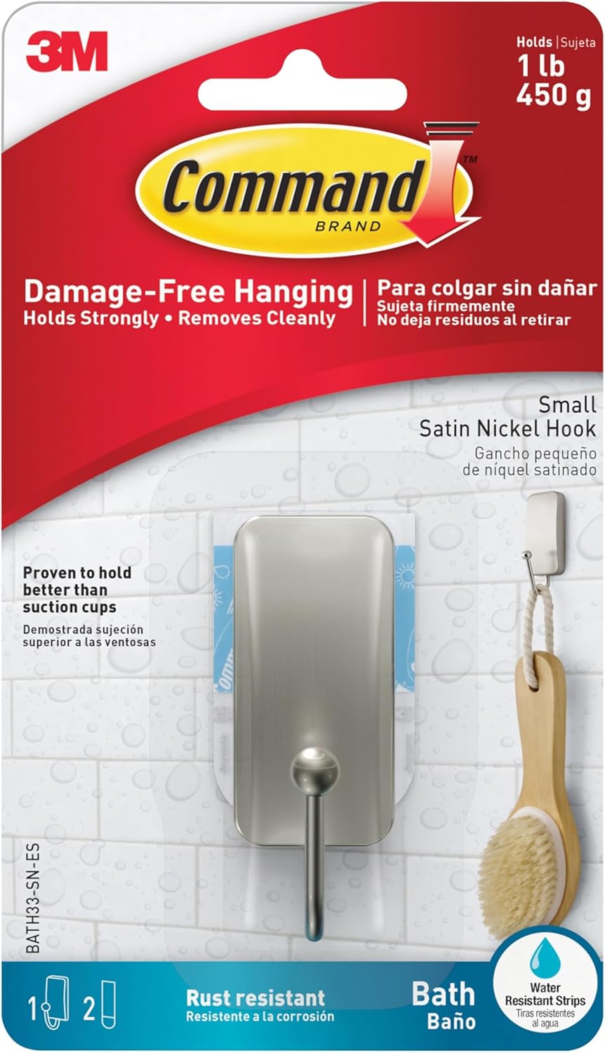 Command Small Bath Hook. Holds up to 1 lb. 1 Satin Nickel Shower Hook with 2 Water Resistant Strips. Damage-Free Bathroom Organization