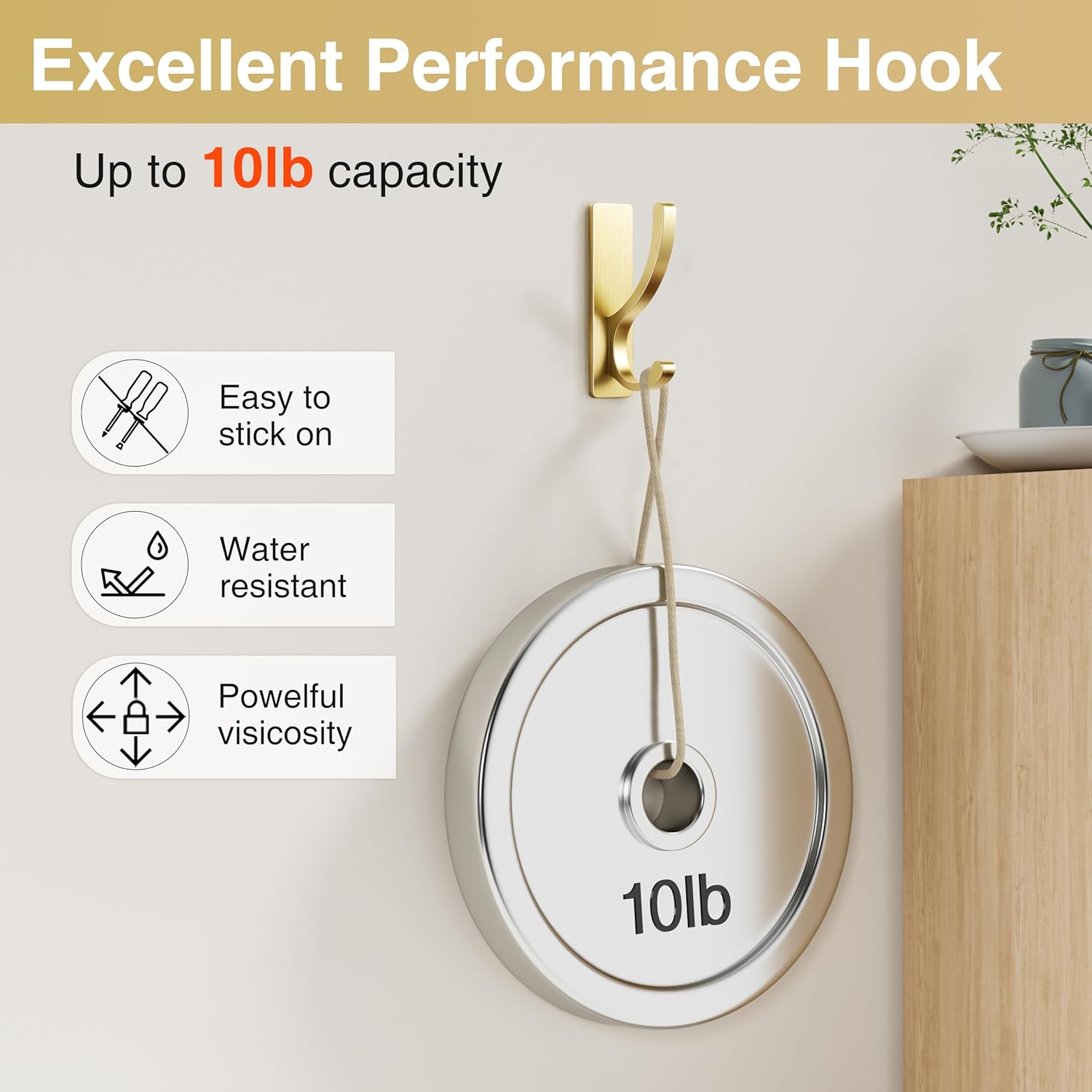pickpiff Adhesive Wall Hooks for Towels - Sticky Hook Hanging Heavy Duty (13lb). Hanger for Door. Bathroom. Dorm. Closet - for Coats. Purse. Bag. Robe - No Damage to Wall - Gold 4 Pack - Image 6
