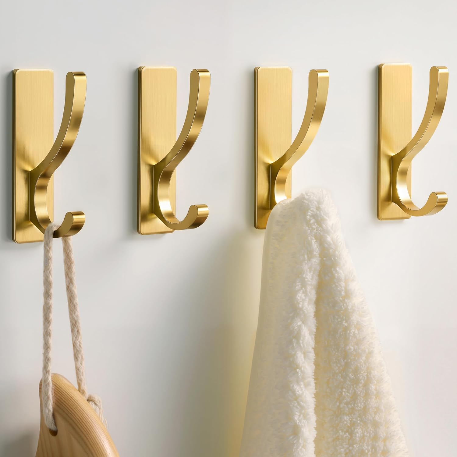 pickpiff Adhesive Wall Hooks for Towels - Sticky Hook Hanging Heavy Duty (13lb). Hanger for Door. Bathroom. Dorm. Closet - for Coats. Purse. Bag. Robe - No Damage to Wall - Gold 4 Pack