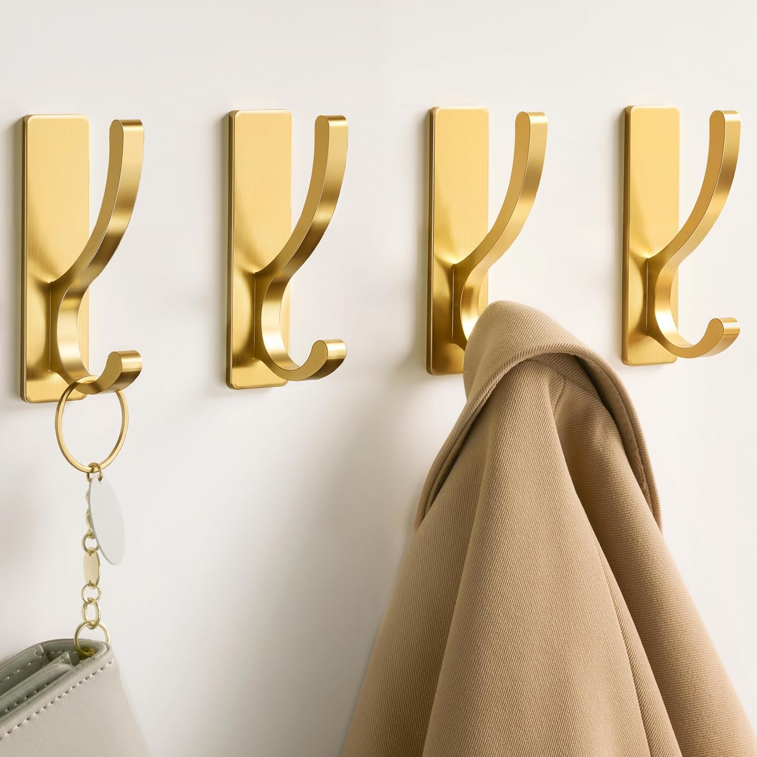 pickpiff Adhesive Wall Hooks for Towels - Sticky Hook Hanging Heavy Duty (13lb). Hanger for Door. Bathroom. Dorm. Closet - for Coats. Purse. Bag. Robe - No Damage to Wall - Gold 4 Pack - Image 2