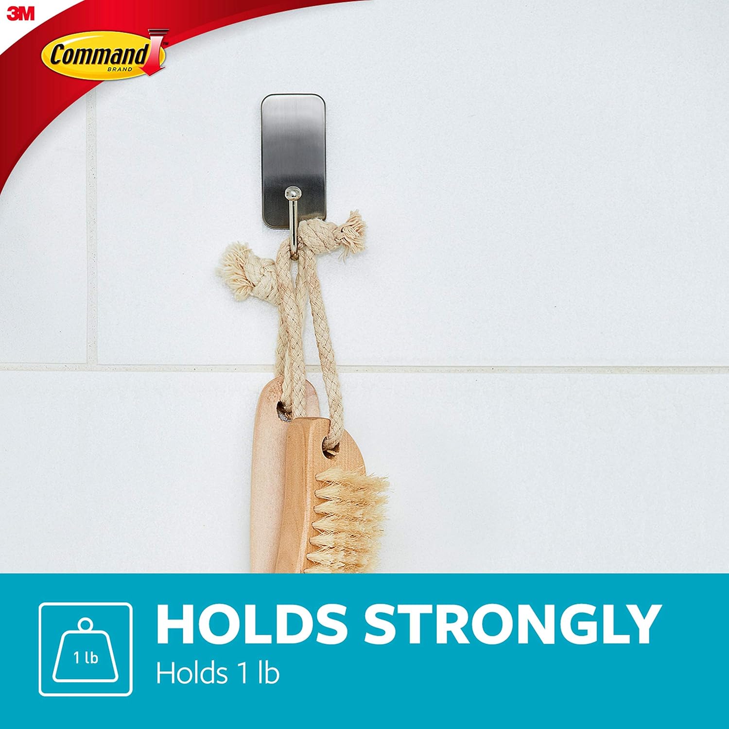 Command Small Bath Hook. Holds up to 1 lb. 1 Satin Nickel Shower Hook with 2 Water Resistant Strips. Damage-Free Bathroom Organization - Image 3