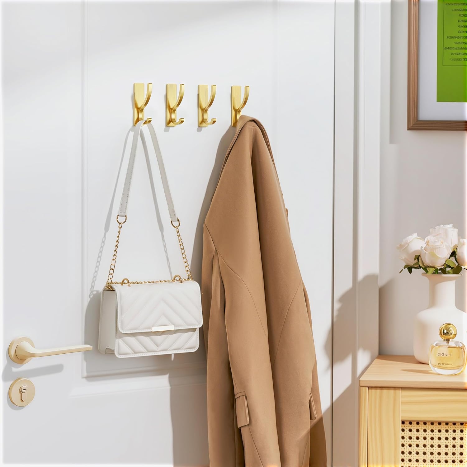 pickpiff Adhesive Wall Hooks for Towels - Sticky Hook Hanging Heavy Duty (13lb). Hanger for Door. Bathroom. Dorm. Closet - for Coats. Purse. Bag. Robe - No Damage to Wall - Gold 4 Pack - Image 7